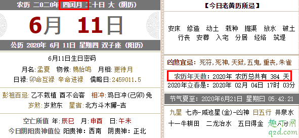 2020年阴历多少天数 2020年闰月吗是几月