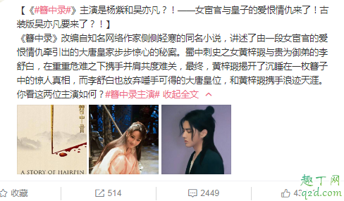 簪中录男主女主是杨紫吴亦凡吗 簪中录演员杨紫和吴亦凡是真的吗