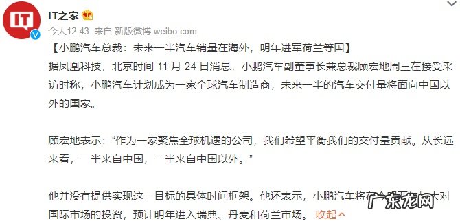 小鹏汽车总裁顾宏地：未来一半汽车销量将面向海外