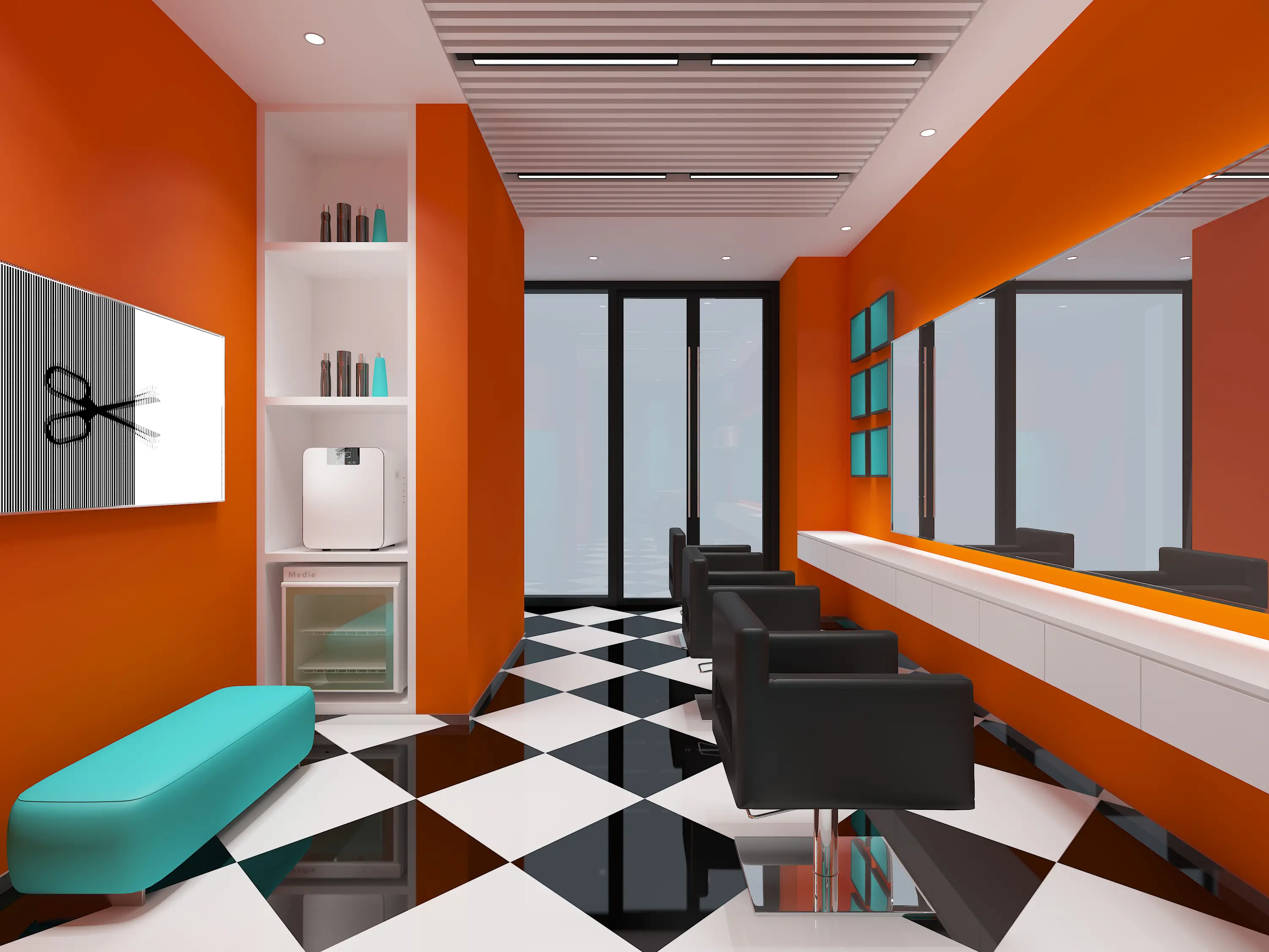 理发店设计装修图片 发廊装修设计风格图案复古60平方