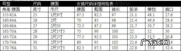 裤子尺码对照表女,女士尺码对照表